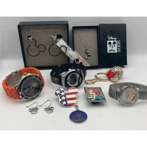 Disney Bundle Lot - Watches - Earrings - Sterling Mickey Pendant - Pins - Charm